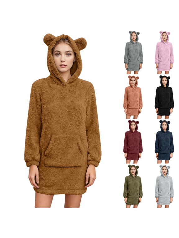 Bear Ear Hoodies for Women Sherpa Cute Sweatshirt Dress Casual Long Sleeve Plush Warm Pullover Fleece Fuzzy Long Sweatshirts with Pocket
