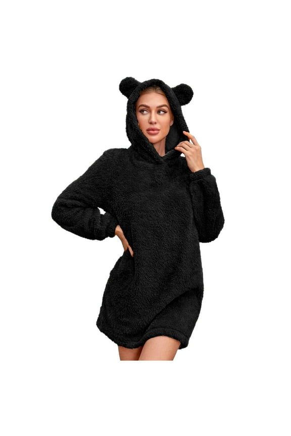 Bear Hoodie Women Fuzzy Pullover Sweater Sherpa Fleece Hooded Sweatshirt Furry Cute Animal Hoodies with Ears