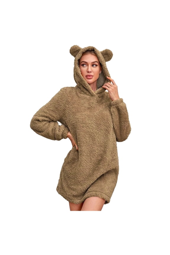 Bear Hoodie Women Fuzzy Pullover Sweater Sherpa Fleece Hooded Sweatshirt Furry Cute Animal Hoodies with Ears