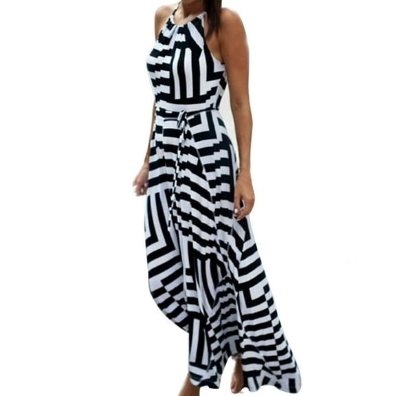 jsaierl Black and White Striped Halter Empire Waist Flowy Swing Casual Beach Vacation Summer Prom Evening Long Maxi Dresses