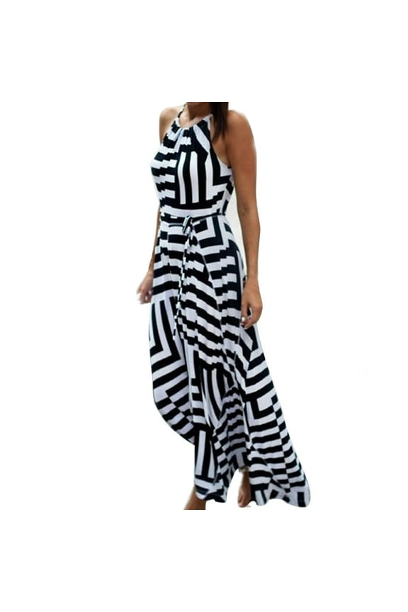 Black and White Striped Halter Empire Waist Flowy Swing Casual Beach Vacation Summer Prom Evening Long Maxi Dresses