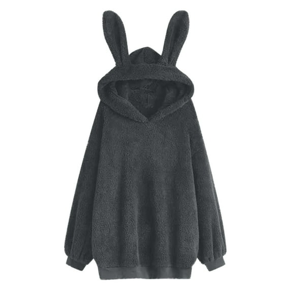 jsaierl Bunny Hoodies for Women Sherpa Solid Cute Top Cartoon Rabbit Ear Pullover Sweatshirt Long Sleeve Dressy Casual Shirt Blouse