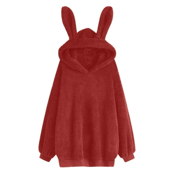 jsaierl Bunny Hoodies for Women Sherpa Solid Cute Top Cartoon Rabbit Ear Pullover Sweatshirt Long Sleeve Dressy Casual Shirt Blouse