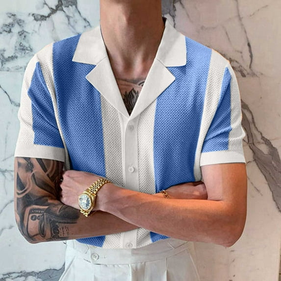 jsaierl Button Down Shirts Men Short Sleeve Regular Fit Tops Color Block Cozy Business Work Golf Tee Shirts Retro Striped Lapel Collar Shirt Gifts for Men
