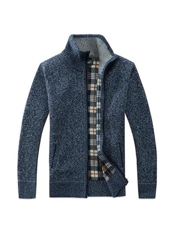 Cardigan Sweaters for Men Knit Stand Collar Zip Up Outwear Top Long Sleeve Woolen Plaid Sweater Jacket