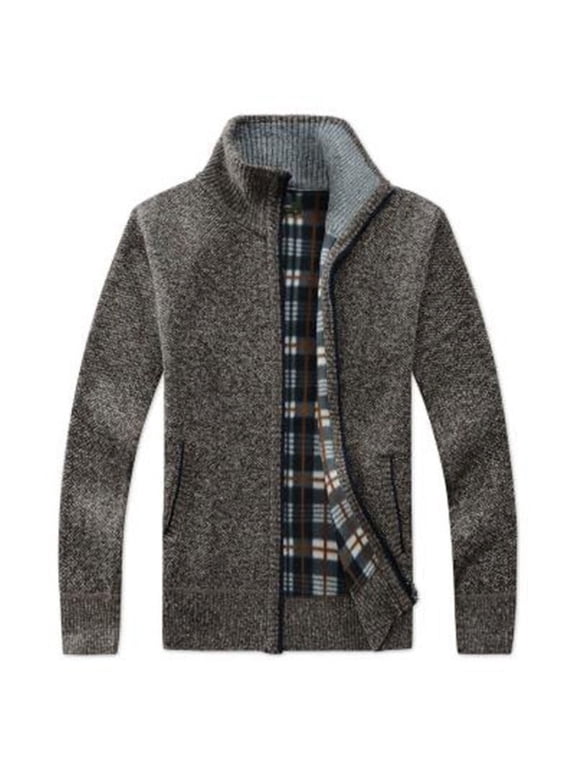 Cardigan Sweaters for Men Knit Stand Collar Zip Up Outwear Top Long Sleeve Woolen Plaid Sweater Jacket