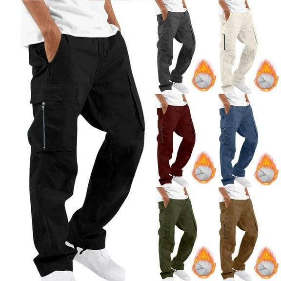 jsaierl Cargo Pants for Men Fleece Lined Solid Casual Multi Pockets Outdoor Work Straight Leg Fitness Winter Warm Long Pants Trousers