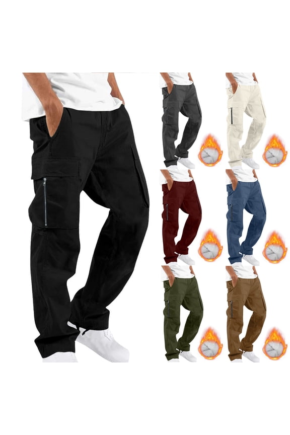 Cargo Pants for Men Fleece Lined Solid Casual Multi Pockets Outdoor Work Straight Leg Fitness Winter Warm Long Pants Trousers