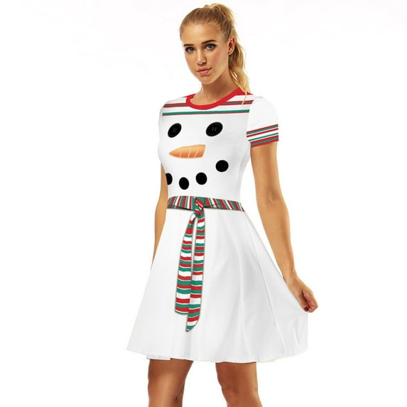 jsaierl Casual Dresses for Women Christmas Short Sleeve Retro Mini Dress Fall Print Swing Crewneck A Line Tunic Dresses for Christmas Party 2024