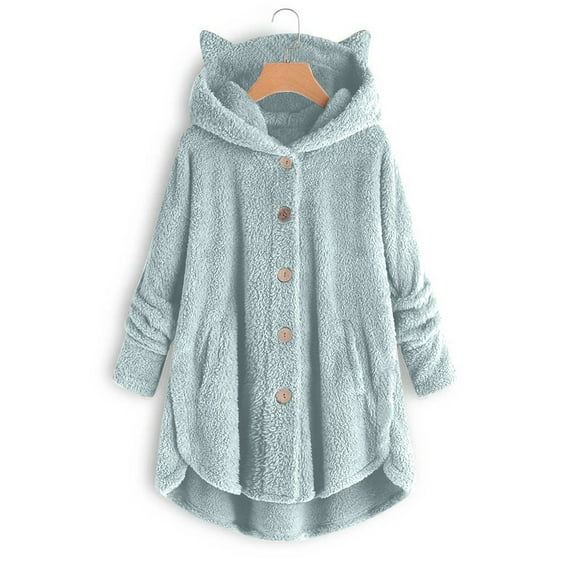jsaierl Cat Ear Hoodies for Women Fleece Plush Solid Cute Sweatshirt Oversized Long Sleeve Button Down Warm Pullover Outwear with Pockets