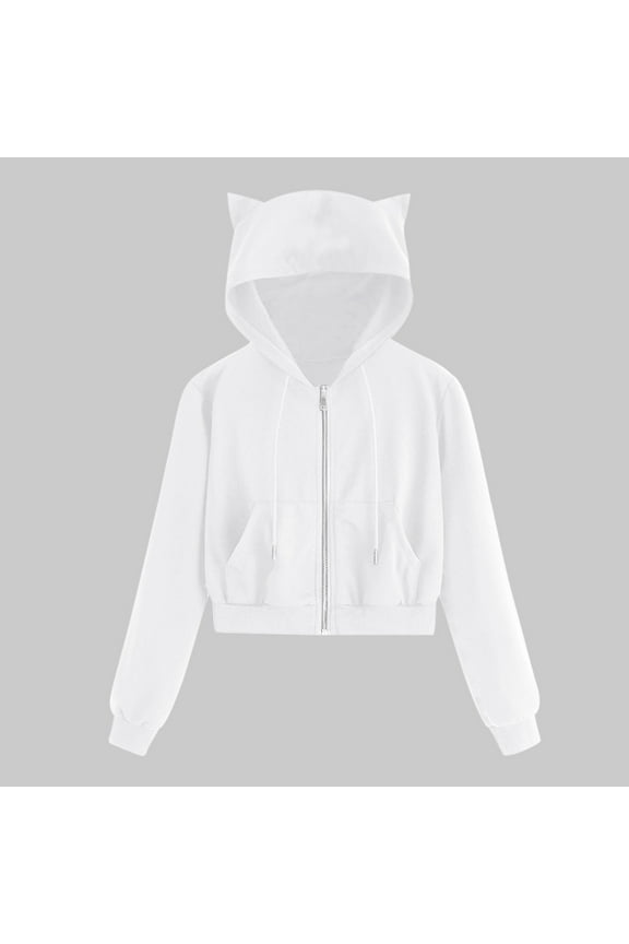 Cat Ear Hoodies for Women Zip Up Crop Jacket Solid Long Sleeve Sweatshirt Casual Y2k Cute Hooded Jacket Outwear