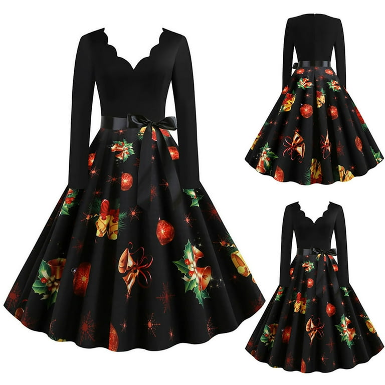 Women's V-Neck Long Sleeve Print Stitching Holiday Dress Women's V-Neck Long Sleeve Print Stitching Holiday Dress