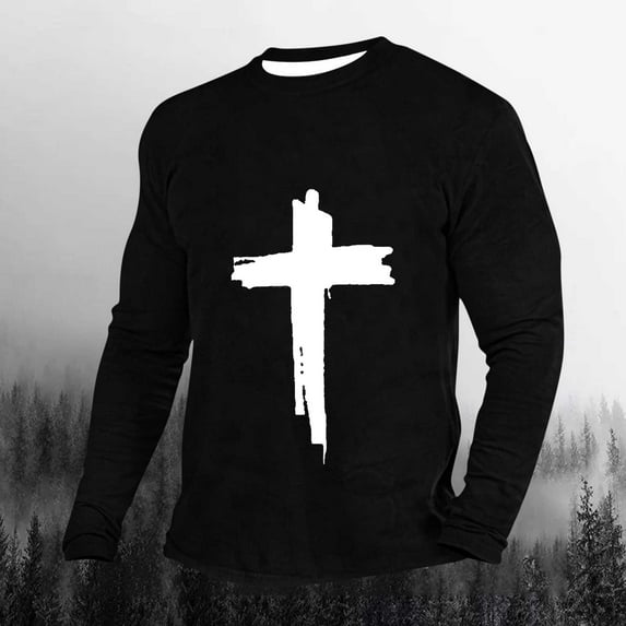 jsaierl Christian Shirts for Men Jesus Cross Print Faith Long Sleeve Casual Round Neck Vintage Graphic Tee Shirt Top
