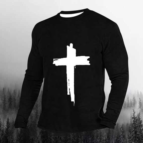 jsaierl Christian Shirts for Men Jesus Cross Print Faith Long Sleeve Casual Round Neck Vintage Graphic Tee Shirt Top