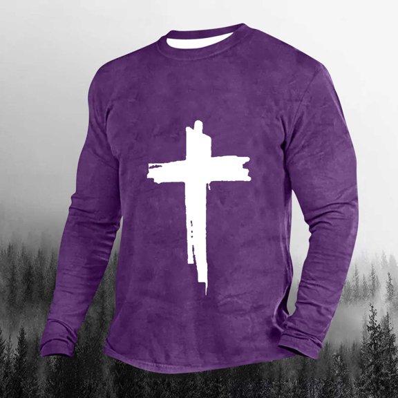 jsaierl Christian Shirts for Men Jesus Cross Print Faith Long Sleeve Casual Round Neck Vintage Graphic Tee Shirt Top