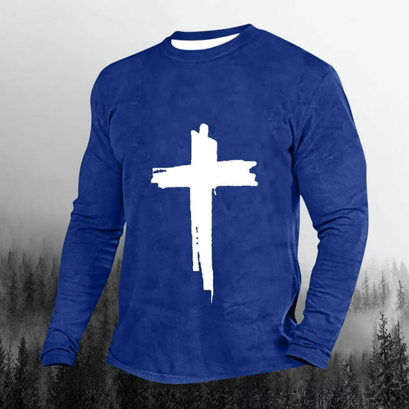 jsaierl Christian Shirts for Men Jesus Cross Print Faith Long Sleeve Casual Round Neck Vintage Graphic Tee Shirt Top