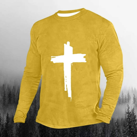 jsaierl Christian Shirts for Men Jesus Cross Print Faith Long Sleeve Casual Round Neck Vintage Graphic Tee Shirt Top