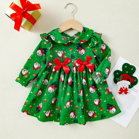 jsaierl Christmas Dress for Baby Girls Cute Santa Claus Print A-line Dress Toddler Infant Girls Ruffle Long Sleeve Princess Party Dresses 3M-12M