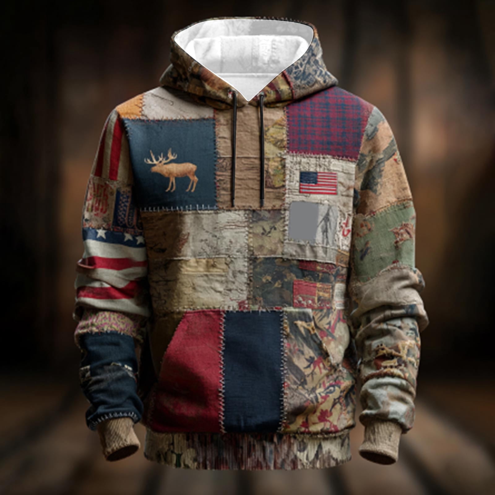 jsaierl Christmas Gifts For Men Under $10 Men's Hoodies Western Ethnic Style Drawstring Sweatshirts Distressed Hoodie Pullover Vintage USA Flag Hooded Sweatshirt with Pocket