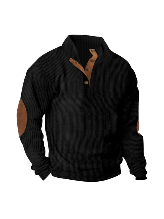 Mens Corduroy Sweatshirts Long Sleeve Vintage Sweatshirts Trendy Elbow Patch Pullover Tops Button Up Henley Shirts Mock Neck Thermal Trendy Shirts
