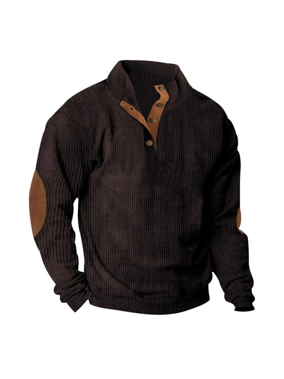 Corduroy Sweatshirts Men Long Sleeve Vintage Sweatshirts Trendy Elbow Patch Pullover Tops Button Up Henley Shirts Mock Neck Soldier Trendy Shirts