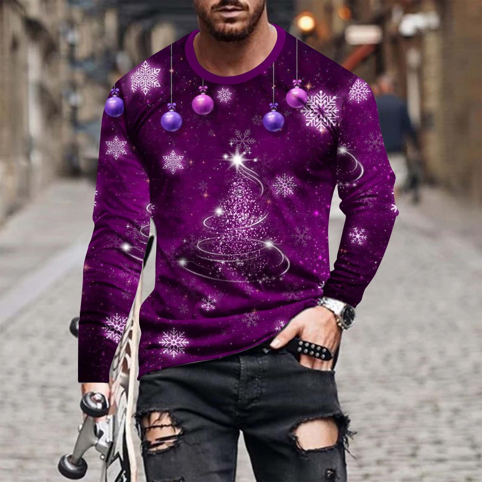jsaierl Christmas Graphic Tees for Men Novelty 3D Xmas Print Long Sleeve Shirts Fitness Crewneck