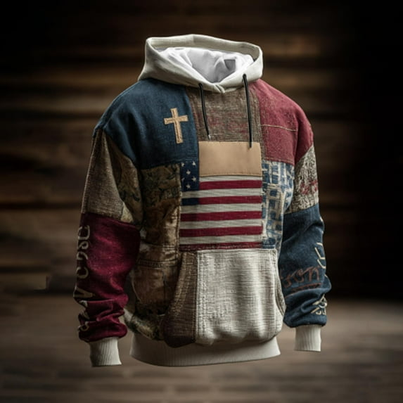 jsaierl Christmas Men's Hoodies Western Ethnic Style Drawstring Sweatshirts Distressed Hoodie Pullover Vintage USA Flag Hooded Sweatshirt with Pocket