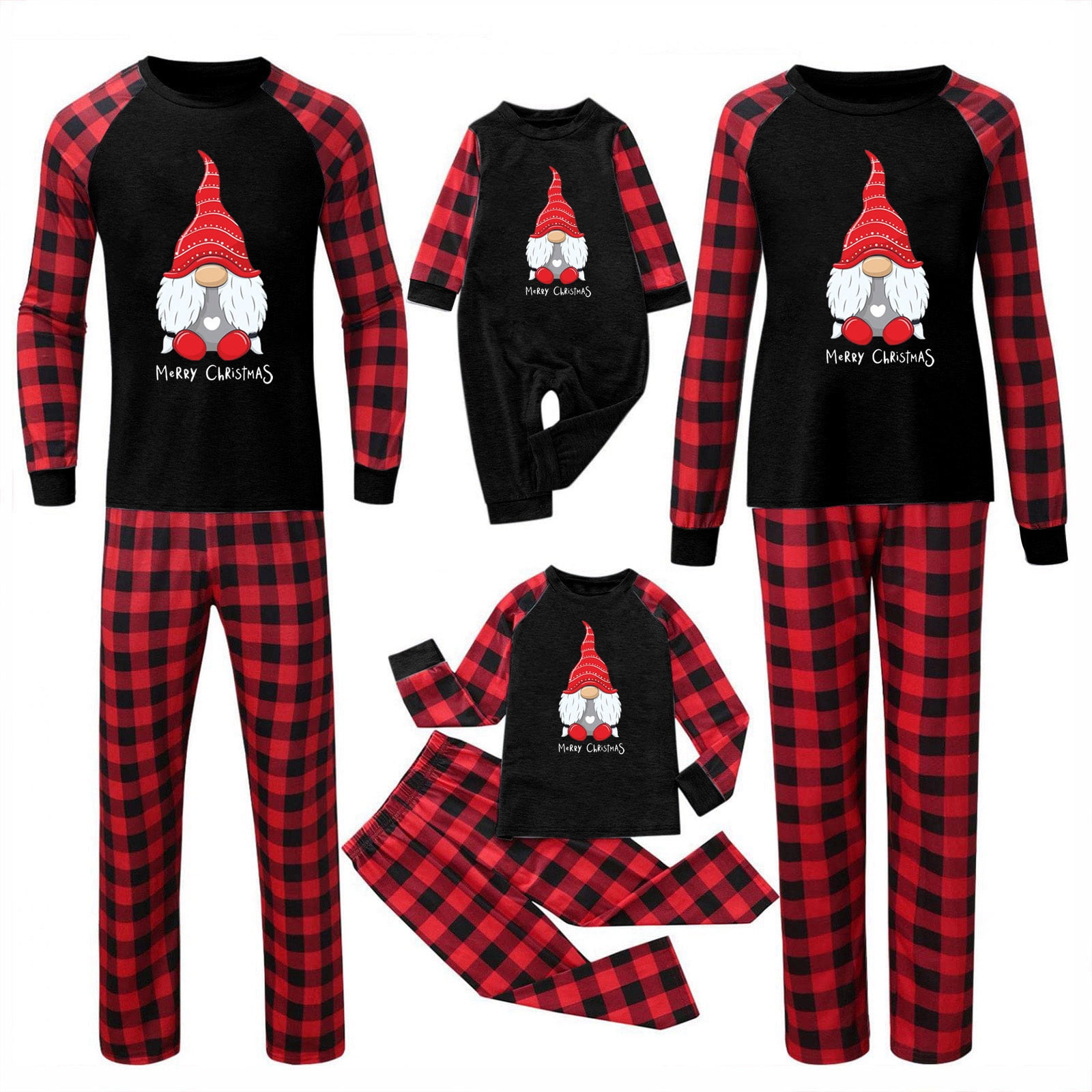jsaierl Christmas Pajamas for Family Matching Sets Cute Gnome Plaid Print Long Sleeve Jumpsuit Sleepwear Soft Outfit Loungewears Walmart