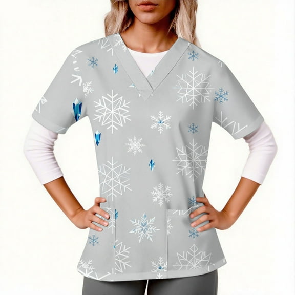 Jsaierl Christmas Scrub Tops for Women Short Sleeve Christmas Pattern Nurse Uniform Working V Neck Shirt Dressy Casual Tees Blouse Top for Women Fashion 2024