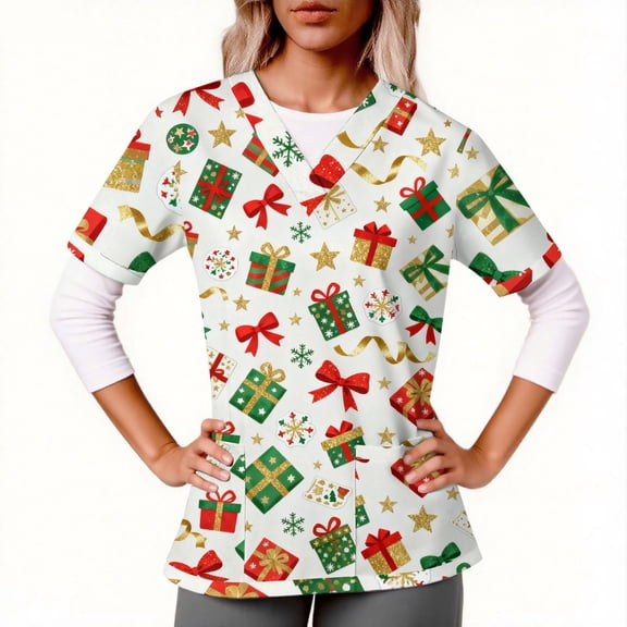 Jsaierl Christmas Scrub Tops for Women Short Sleeve Christmas Pattern Nurse Uniform Working V Neck Shirt Dressy Casual Tees Blouse Top for Women Fashion 2024