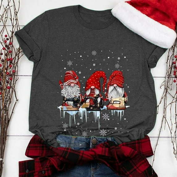 jsaierl Christmas Shirt Women Christmas Gnome Print Tops Tee Short Sleeve Crewneck Cute Three Gnomes Casual Holiday Shirts