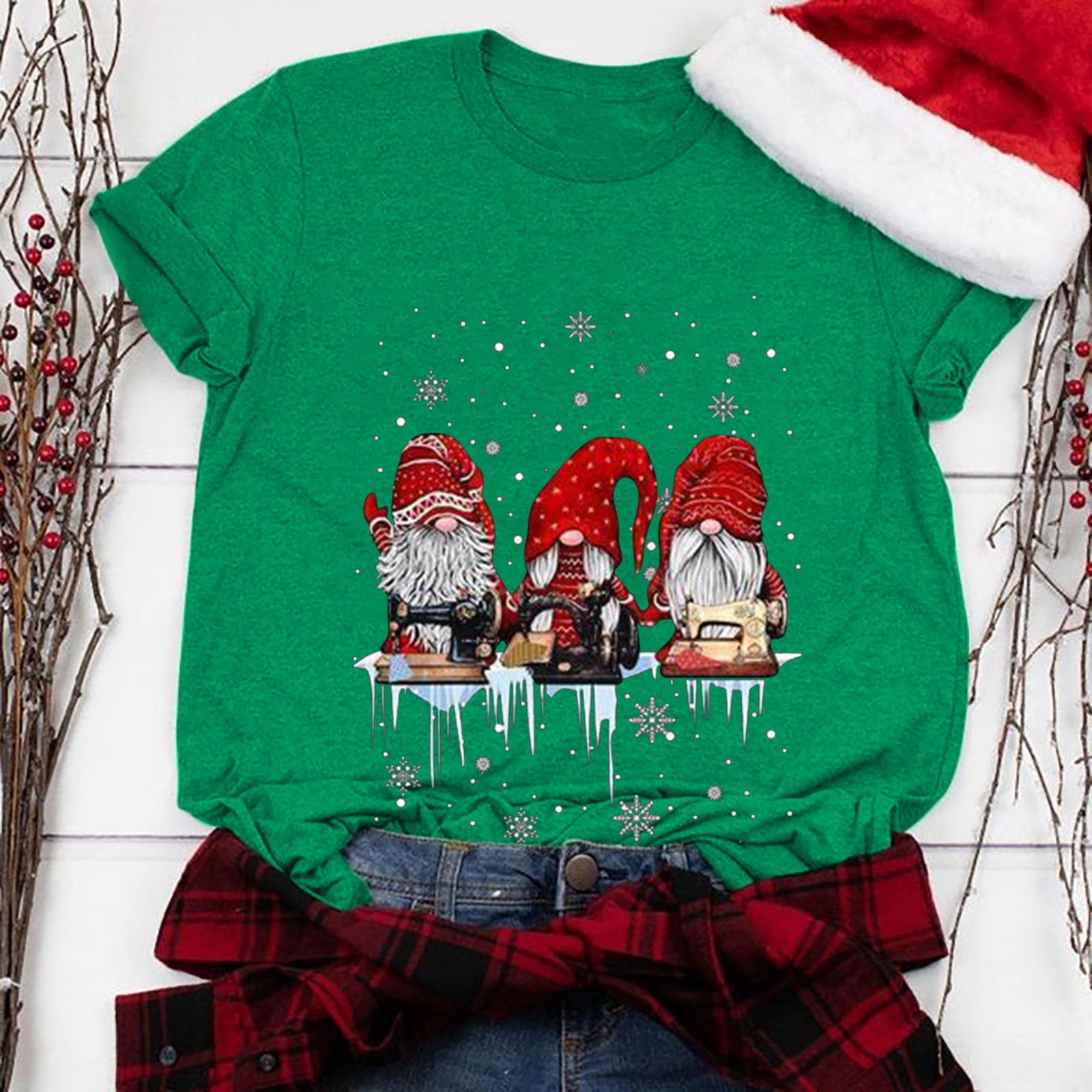 jsaierl Christmas Shirt Women Christmas Gnome Print Tops Tee Short Sleeve  Crewneck Cute Three Gnomes Casual Holiday Shirts - Walmart Business Supplies, image size:1600x1600