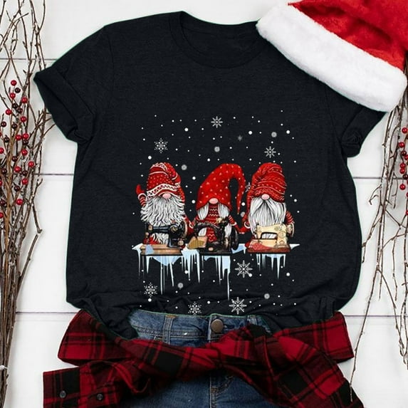 jsaierl Christmas Shirt Women Christmas Gnome Print Tops Tee Short Sleeve Crewneck Cute Three Gnomes Casual Holiday Shirts