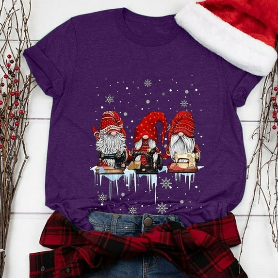 jsaierl Christmas Shirt Women Christmas Gnome Print Tops Tee Short Sleeve Crewneck Cute Three Gnomes Casual Holiday Shirts