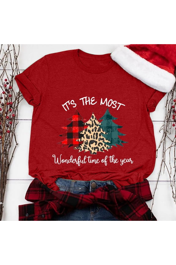 Christmas Shirts Women Short Sleeve Christmas Tree Leopard Graphic Tops Funny Crewneck Shirt Bleached Dressy Casual Tees Blouse Top