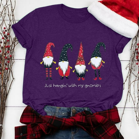 jsaierl Christmas Shirts Women Short Sleeve Gnome Graphic Tops Round Neck Shirt Bleached Plus Size Tees Blouse Top Christmas Gifts for Teen Girls