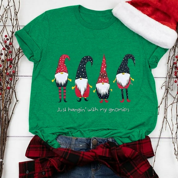 jsaierl Christmas Shirts Women Short Sleeve Gnome Graphic Tops Round Neck Shirt Bleached Plus Size Tees Blouse Top Christmas Gifts for Teen Girls