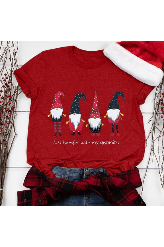 Christmas Shirts Women Short Sleeve Gnome Graphic Tops Round Neck Shirt Bleached Plus Size Tees Blouse Top Christmas Gifts for Teen Girls