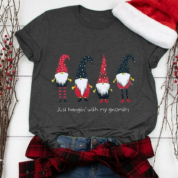 jsaierl Christmas Shirts Women Short Sleeve Gnome Graphic Tops Round Neck Shirt Bleached Plus Size Tees Blouse Top Christmas Gifts for Teen Girls