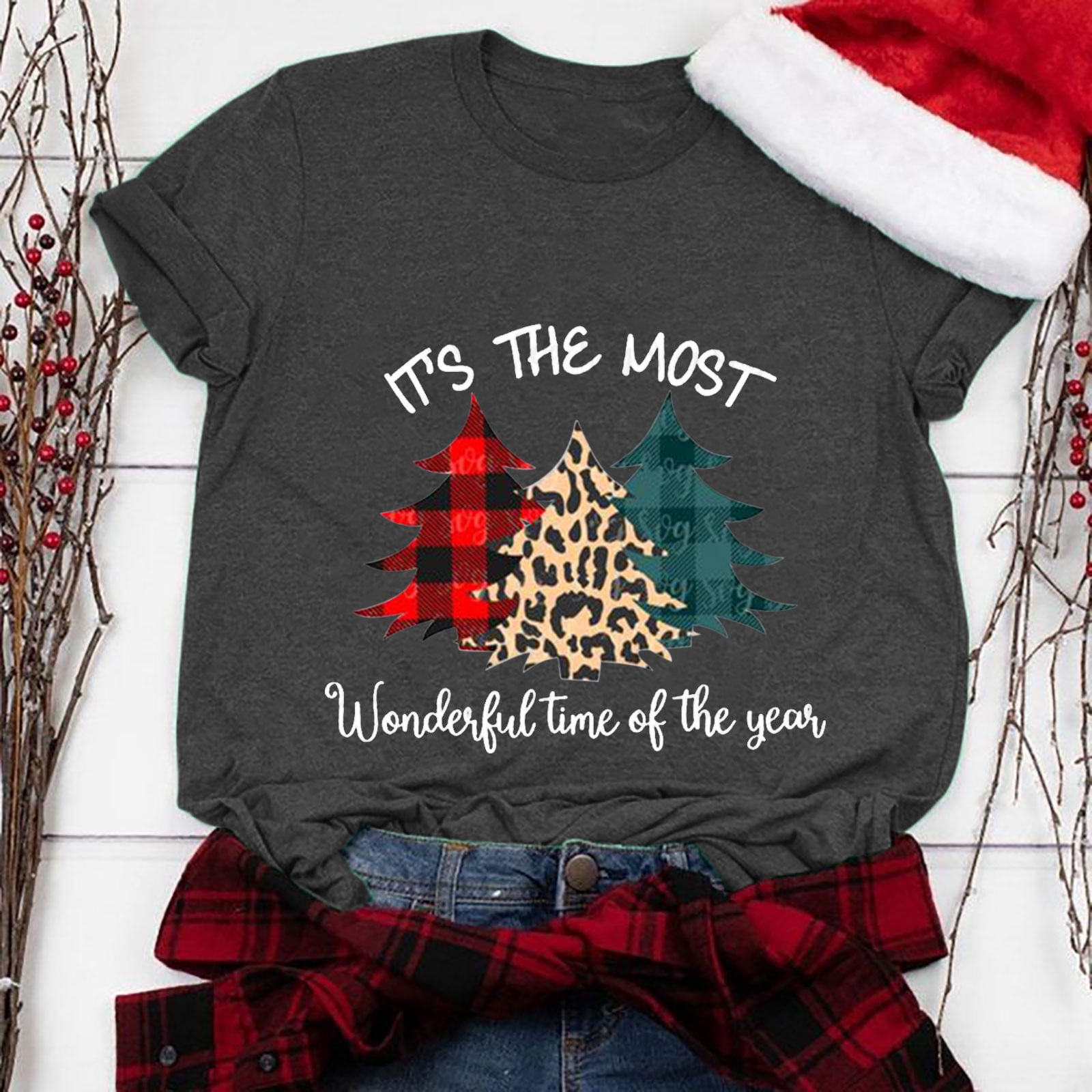 jsaierl Christmas Shirts Women Short Sleeve Christmas Tree Leopard ...