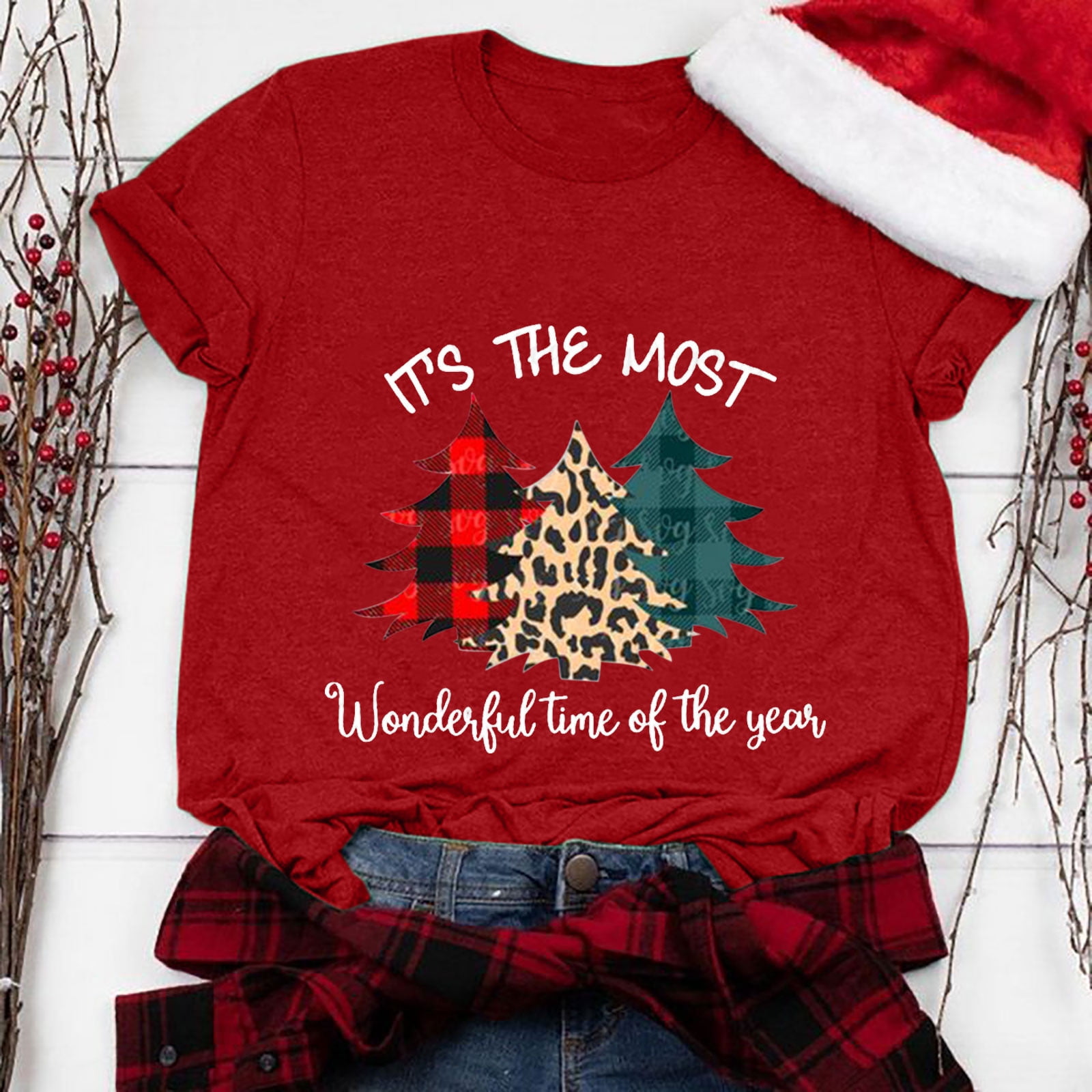 jsaierl Christmas Shirts Women Short Sleeve Christmas Tree Leopard