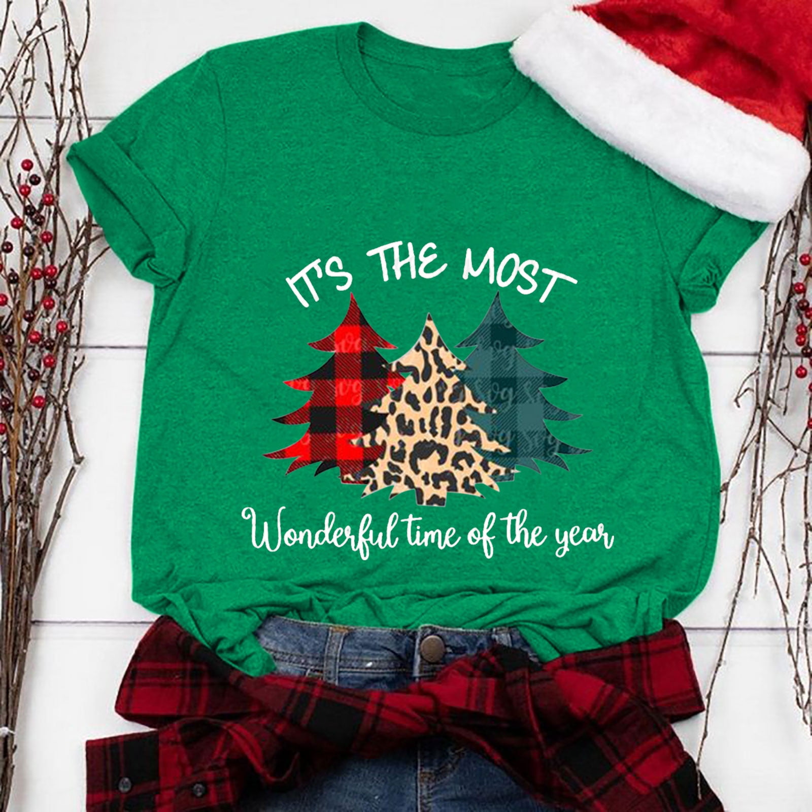 jsaierl Christmas Shirts Women Short Sleeve Christmas Tree Leopard