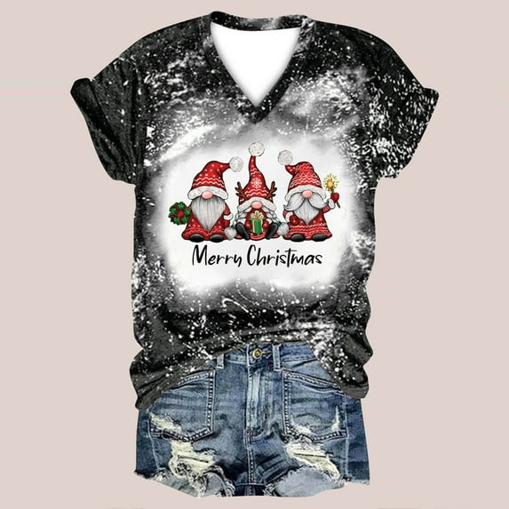 jsaierl Christmas Shirts for Women Short Sleeve Gnomes Graphic Tops V Neck T Shirt Bleached Cute Tees Blouse Top Christmas Gifts for Women