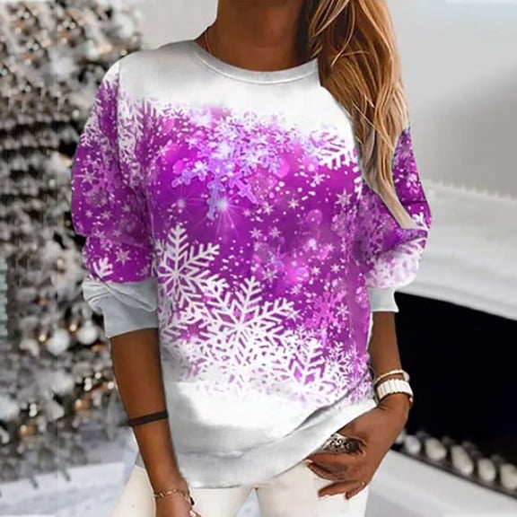 jsaierl Christmas Sweatshirts for Women Round Neck Long Sleeve Shirts Snowflake Print Tops Workout Casual Fall Blouse Tee Pullover Christmas Gifts for Teen Girls