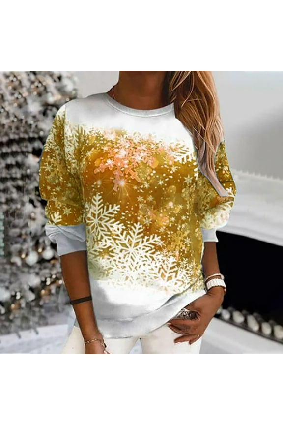 Christmas Sweatshirts for Women Round Neck Long Sleeve Shirts Snowflake Print Tops Workout Casual Fall Blouse Tee Pullover Christmas Gifts for Teen Girls