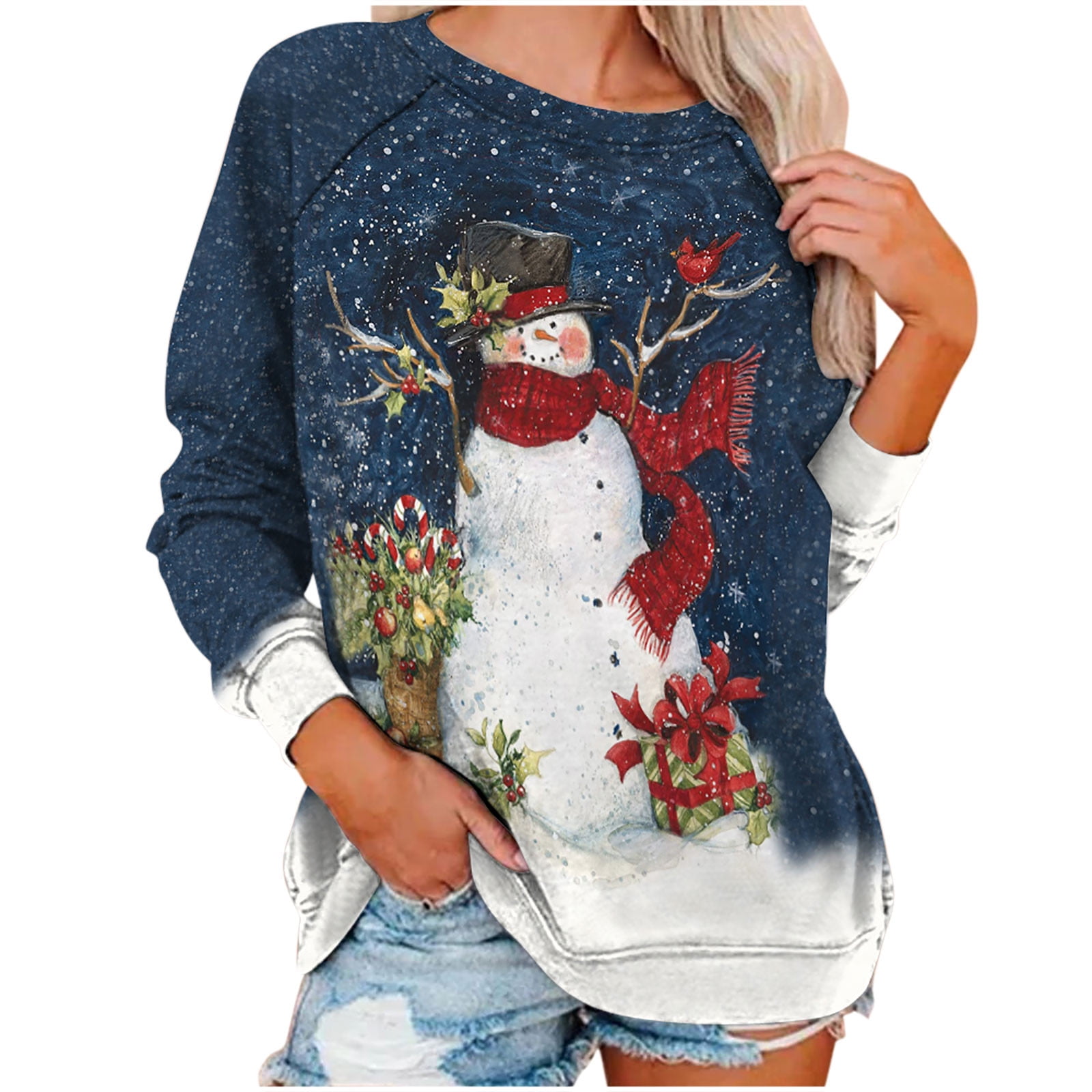 jsaierl Christmas Sweatshirts for Women Long Sleeve Christmas Tree Print  Top Round Neck Sweatshirt Plus Size Pullover Womens Fall Fashion 2023 