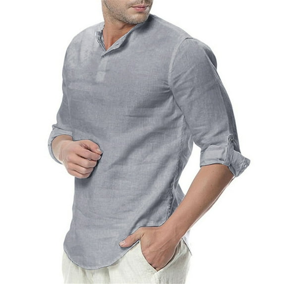 jsaierl Cotton Linen Shirts for Men Regular Fit Casual Button Up Henley Shirt Roll Up Long Sleeve Daily Top Comfy Lounge Shirts
