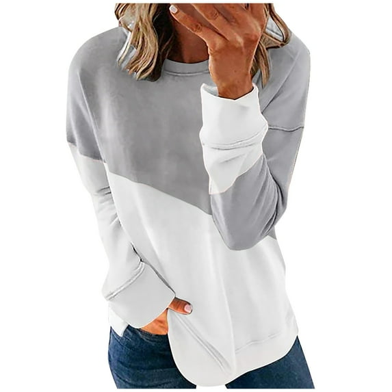 jsaierl Crew Neck Sweatshirt for Women Color Block Long Sleeve Cozy Shirt Casual Comfy Loose Top Side Split Patchwork Pullove Blose