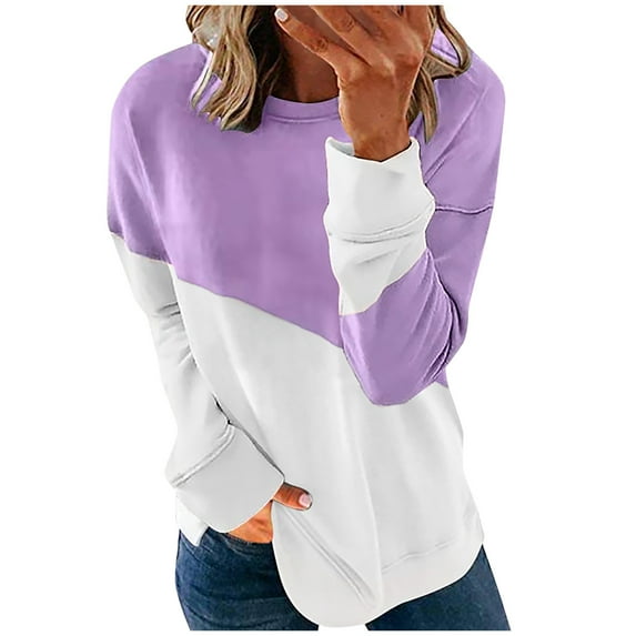 jsaierl Crew Neck Sweatshirt for Women Color Block Long Sleeve Cozy Shirt Casual Comfy Loose Top Side Split Patchwork Pullove Blose