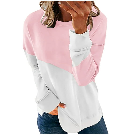 jsaierl Crew Neck Sweatshirt for Women Color Block Long Sleeve Cozy Shirt Casual Comfy Loose Top Side Split Patchwork Pullove Blose